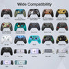 A collection of various game controllers and charging cables demonstrating wide compatibility across different generations.