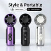 Three metal colored portable USB rechargeable mini fans displayed side by side.