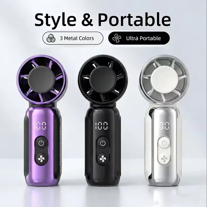 Three metal colored portable USB rechargeable mini fans displayed side by side.