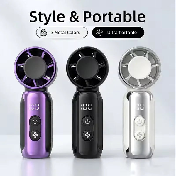 Three metal colored portable USB rechargeable mini fans displayed side by side.