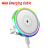 A round magnetic wireless car charger with an RGB ambient light and charging cable.