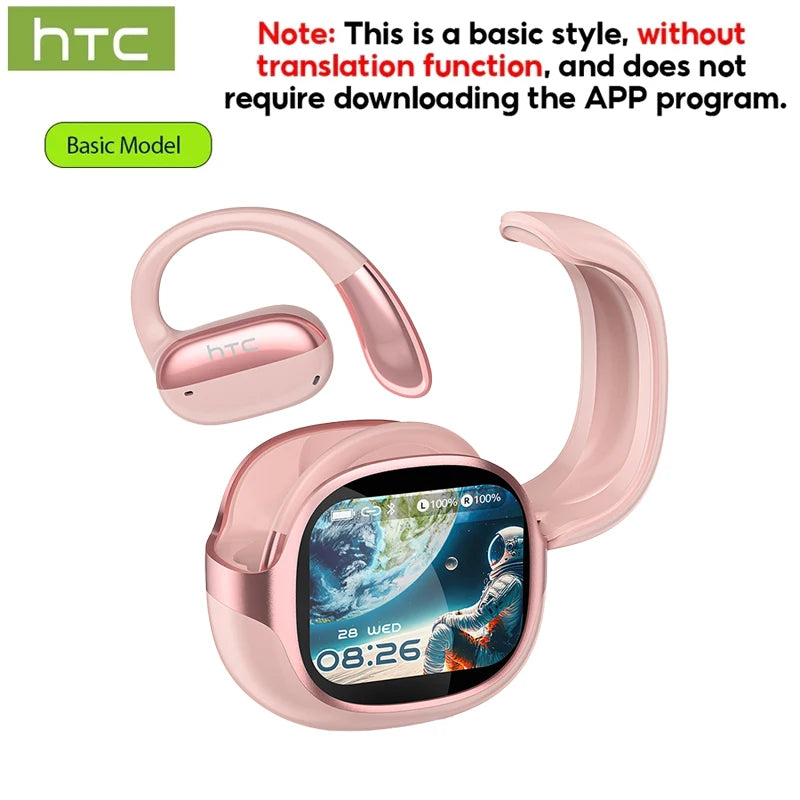 A pink HTC basic model True Wireless Bluetooth Earphones with AI Translation shown in a close-up view.