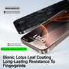 A close-up of a smartphone displaying a screen protector, highlighting the Bionic Lotus Leaf Coating for fingerprint resistan