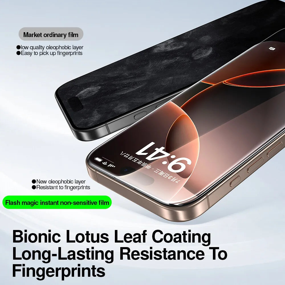 A close-up of a smartphone displaying a screen protector, highlighting the Bionic Lotus Leaf Coating for fingerprint resistan