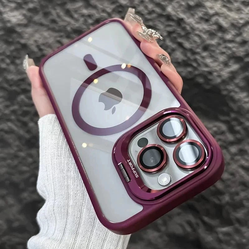 A hand holds a purple MagSafe-compatible phone case with a built-in camera bracket and lens cover.