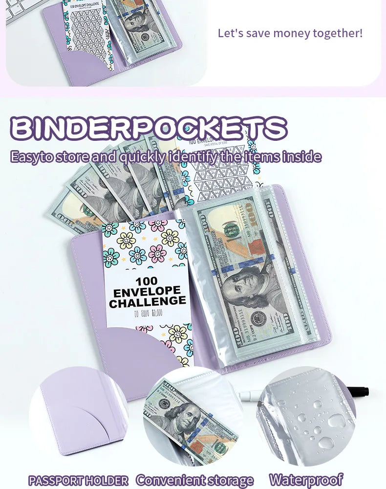 Lila Binderset mit 100-Umschlag-Challenge zum Sparen und Reisepasshalter.