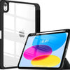 A black hybrid case is shown protecting an iPad, with the screen displaying a vibrant blue interface.