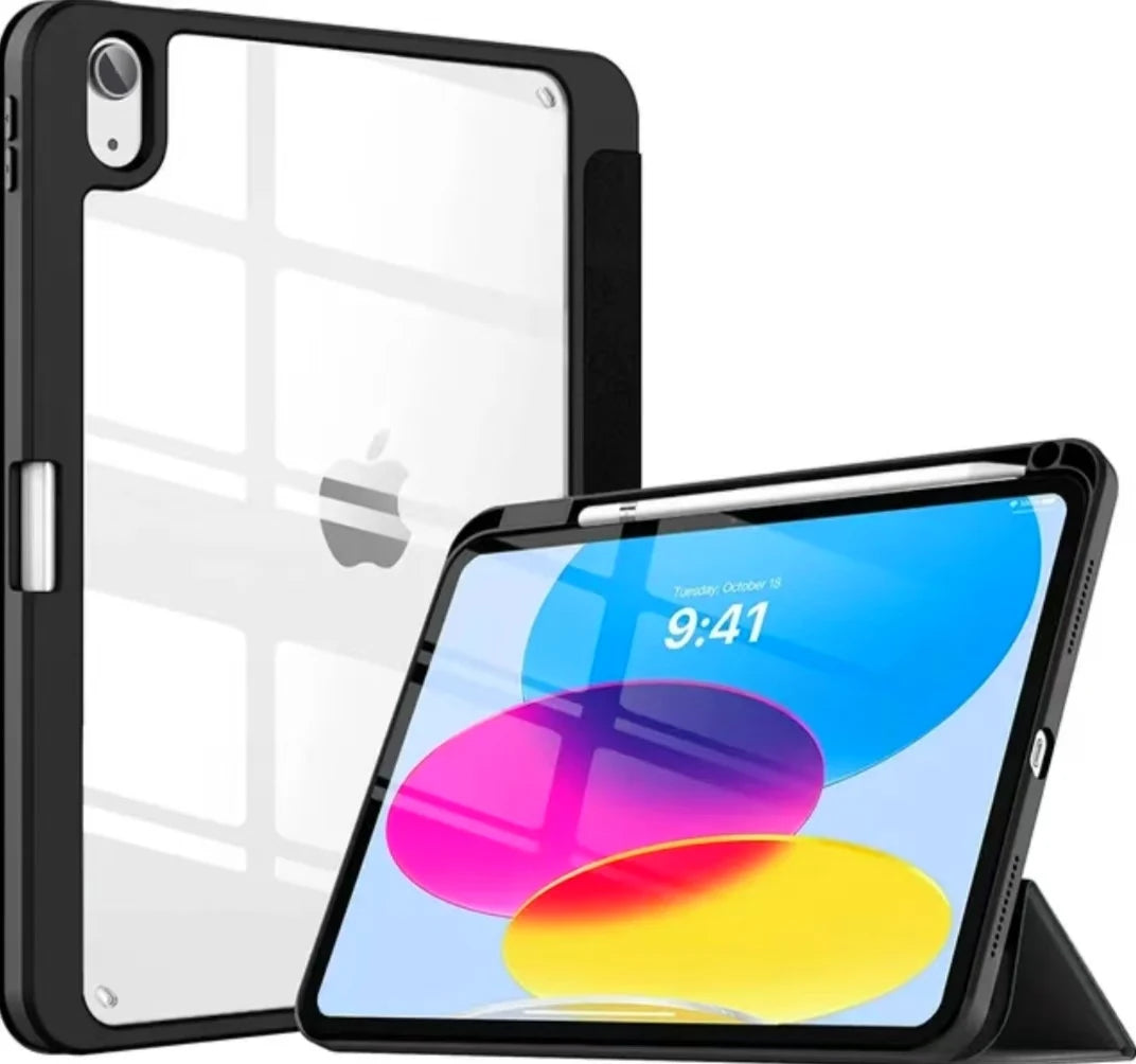 A black hybrid case is shown protecting an iPad, with the screen displaying a vibrant blue interface.