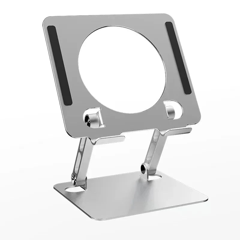 A silver foldable tablet and phone stand with a circular holder and a flat base.
