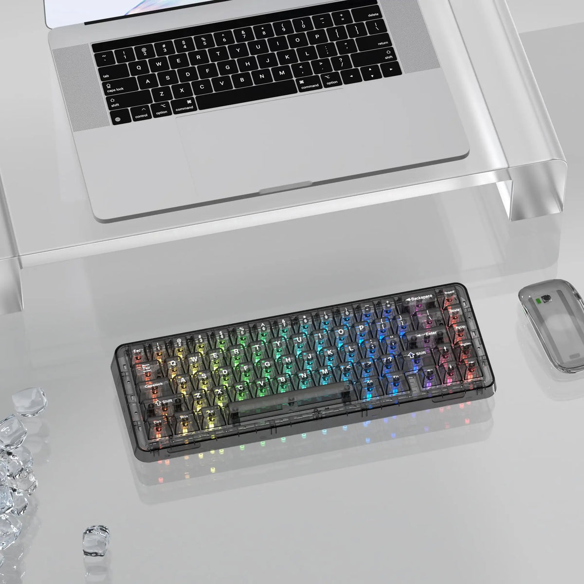 A close-up view of crystal clear RGB keycaps for a mechanical keyboard resting on a white desk surface.