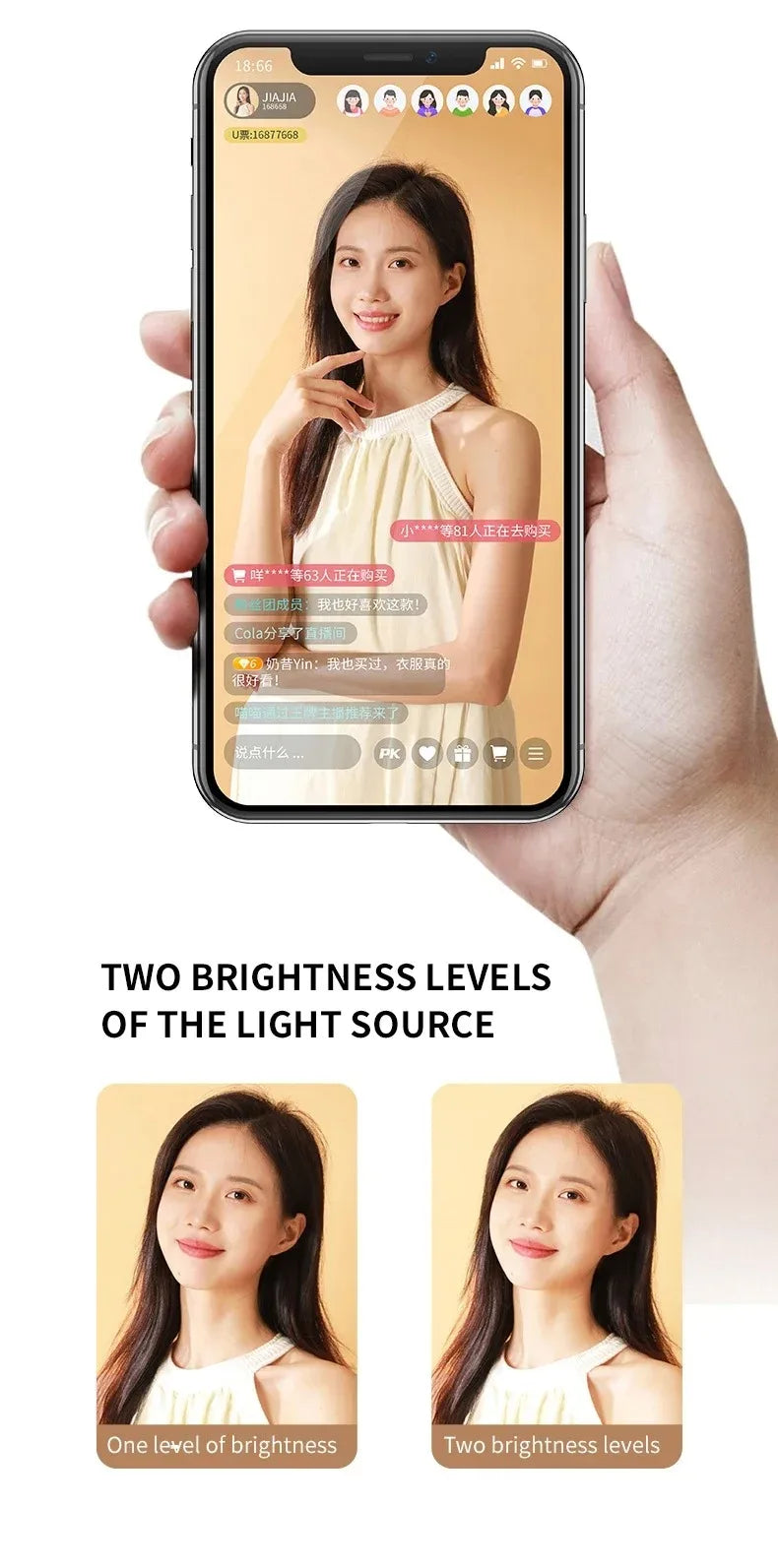 A woman is shown using an ultra-long selfie stick with a Bluetooth remote and fill light to take a photo.