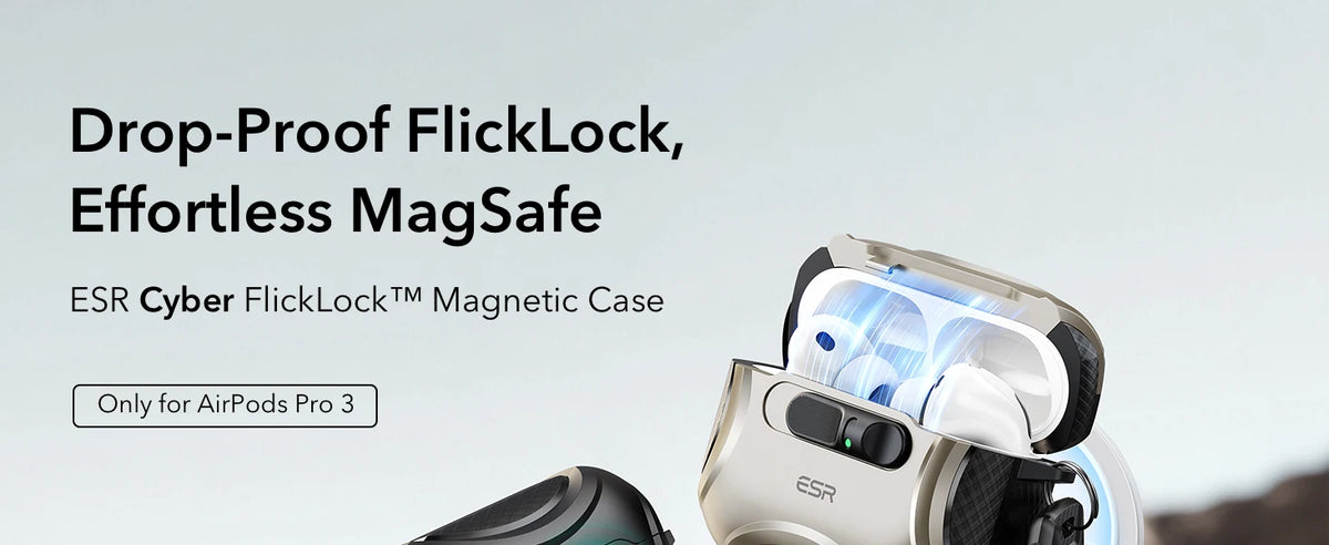 An ESR Cyber FlickLock magnetic case for AirPods Pro 3, showing the drop-proof design.