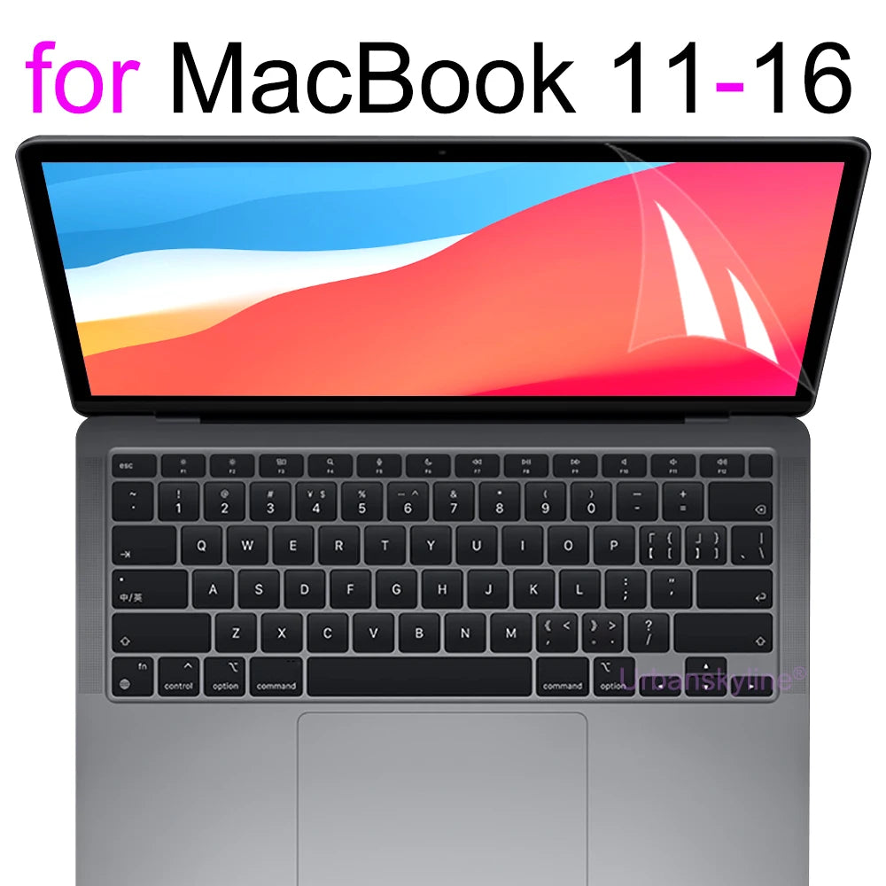 Funda de teclado de silicona para MacBook mostrando la computadora portátil con pantalla colorida y cuerpo gris.