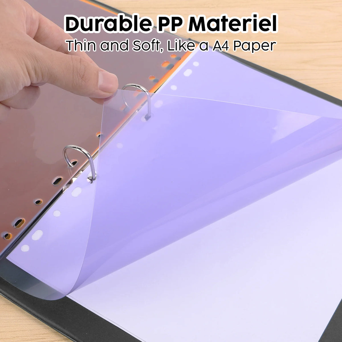 A hand is shown opening an A4 index divider with clear plastic tabs for organizing binders and notebooks.