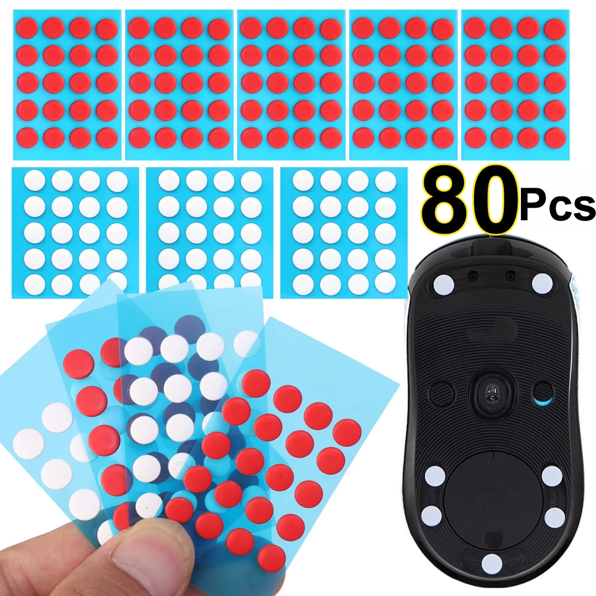 A hand holds a blue plastic sheet with red and white round dots, demonstrating the glide feet for a universal mouse.