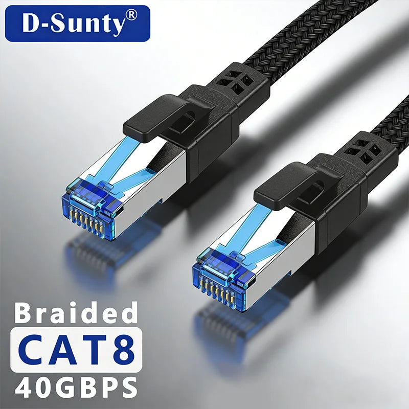 Black braided CAT8 Ethernet cable with gold-plated RJ45 connectors and D-SUNTY branding