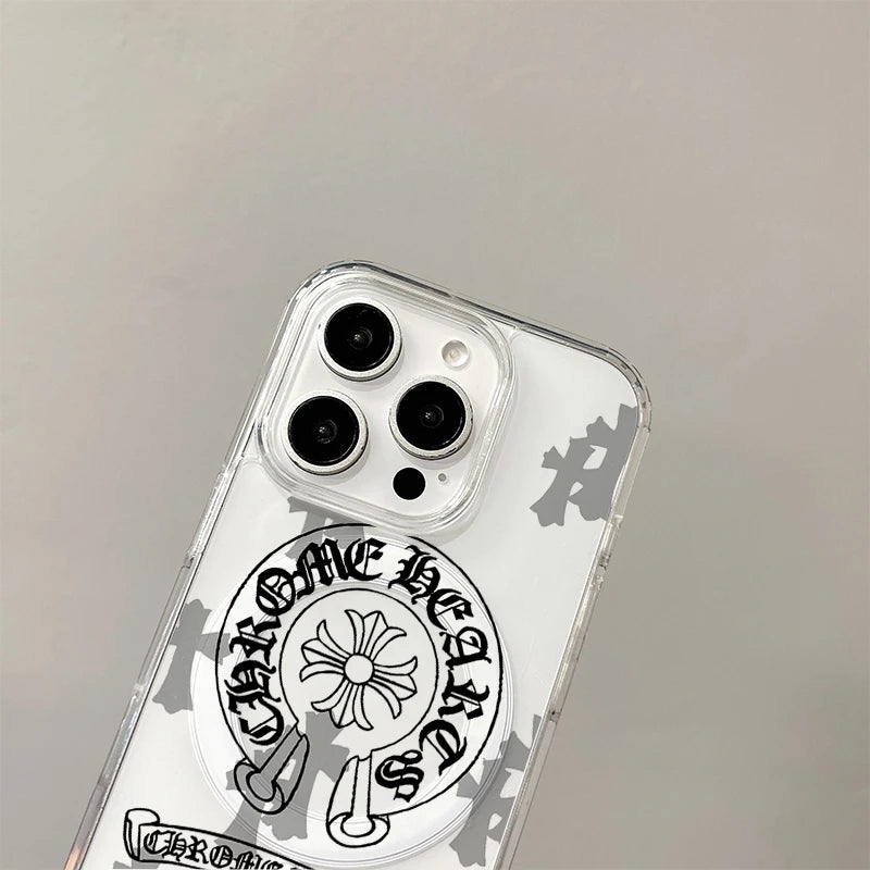 Clear acrylic phone case with a Chrome Hearts horseshoe and floral design featuring multiple camera lenses.