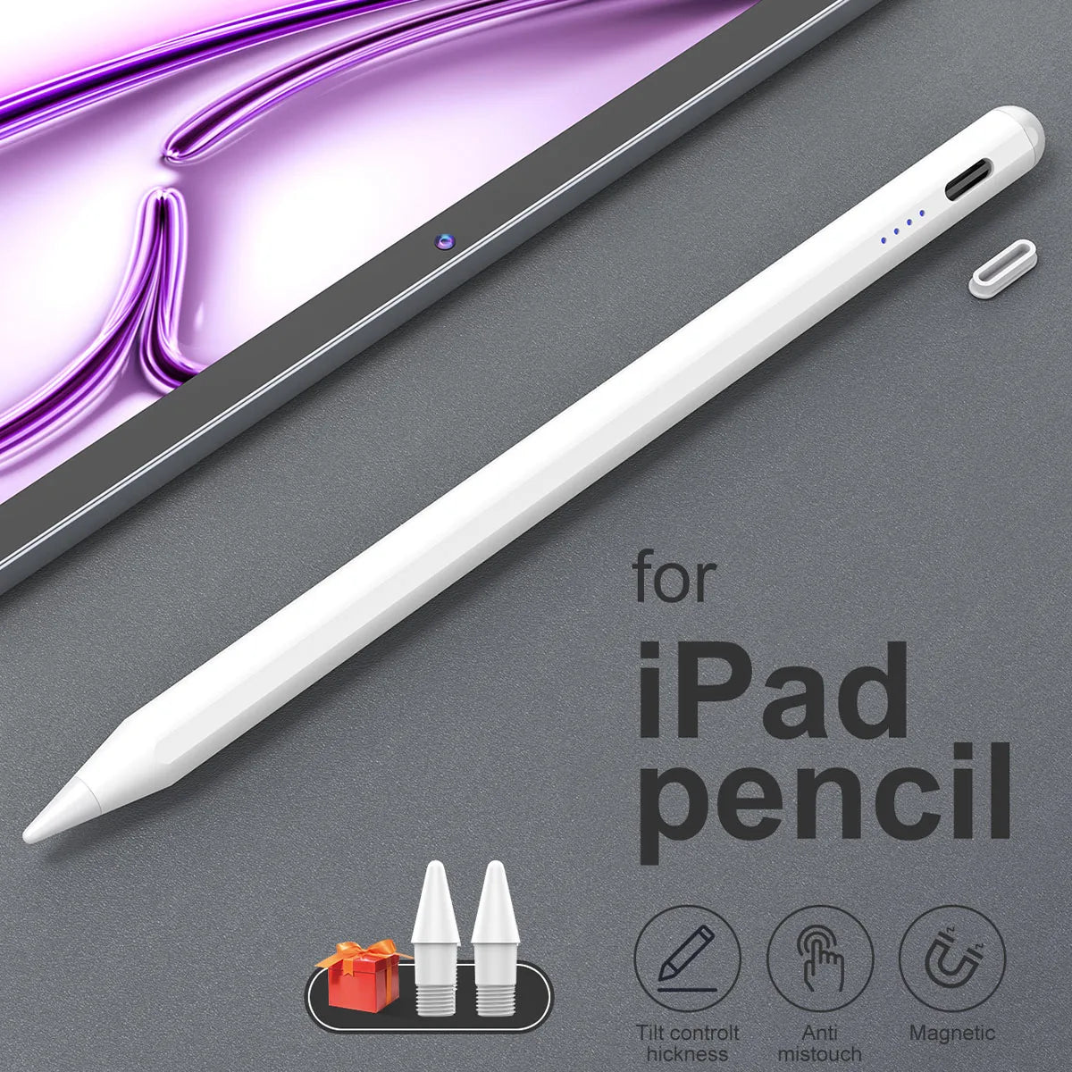 A white stylus pen is shown next to a tablet displaying purple lines, with icons indicating tilt control, anti-mistouch, and 