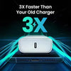 A white 40W USB-C fast charger device is shown resting on a dark surface with blue energy lines surrounding it.