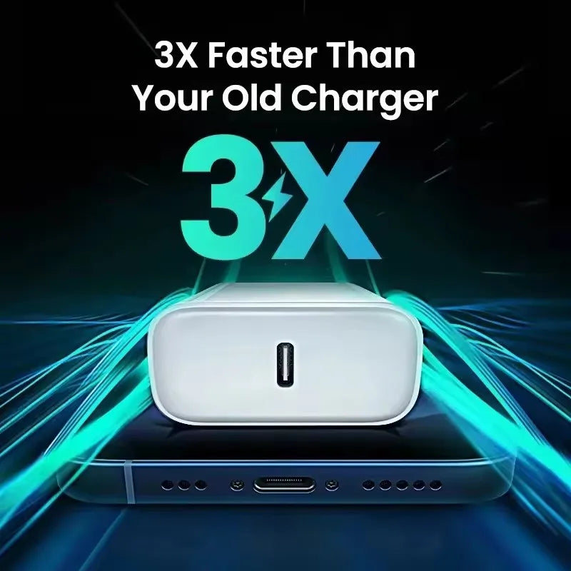 A white 40W USB-C fast charger device is shown resting on a dark surface with blue energy lines surrounding it.
