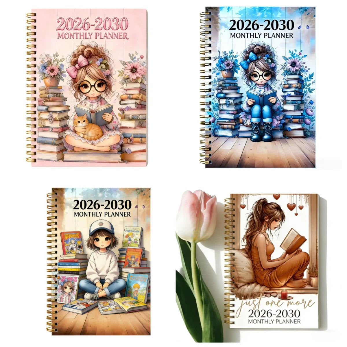A collection of monthly planners featuring floral and nature themes for 2026-2030 planning.