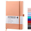 A pink notebook with a tan cover and a light pink spine, featuring a white label detailing its specifications.