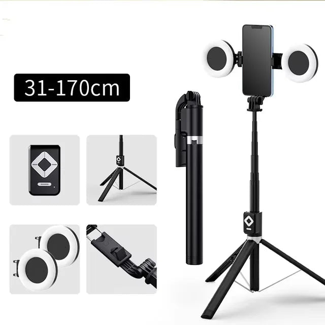 Black extendable phone tripod featuring an LED ring light and mirror, shown with various extension options.