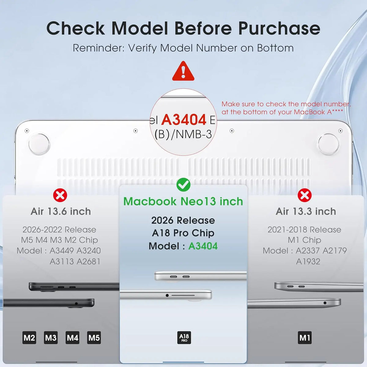 A guide showing how to check the model number on the bottom of a MacBook before purchase.