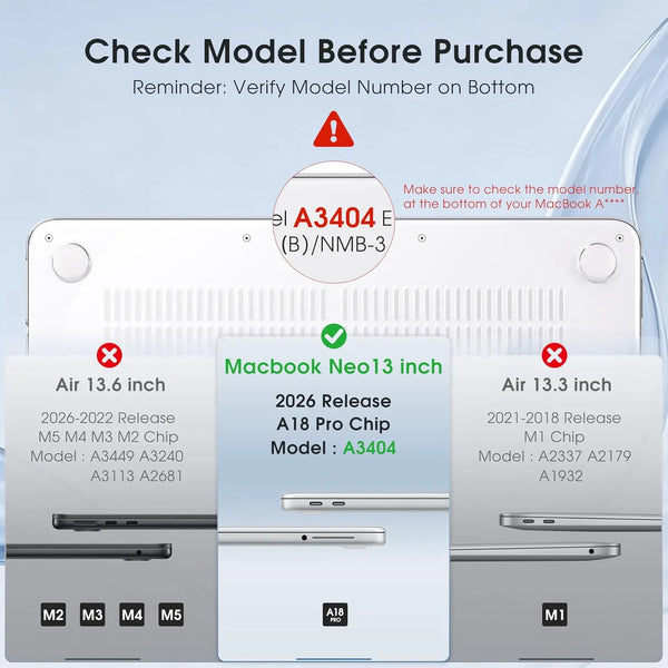 A guide showing how to check the model number on the bottom of a MacBook before purchase.