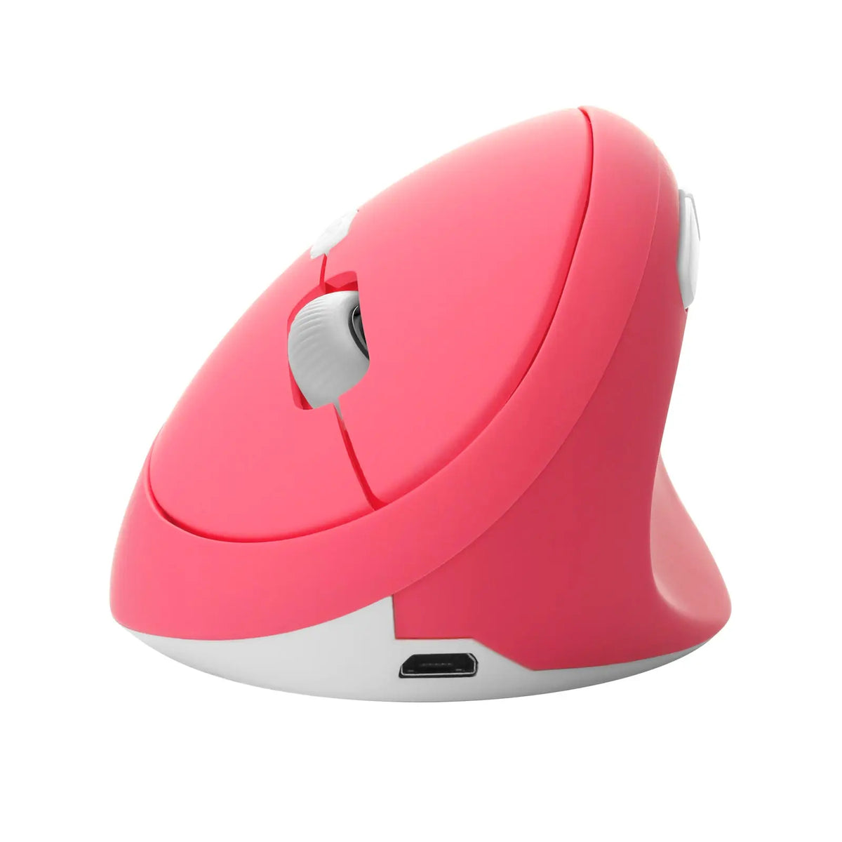 A pink ergonomic vertical wireless gaming mouse shown from the top view.