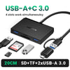 Adaptador USB-A a C negro con cuatro ranuras para uso simultáneo, con puertos SD, TF y dos USB-A 3.0.