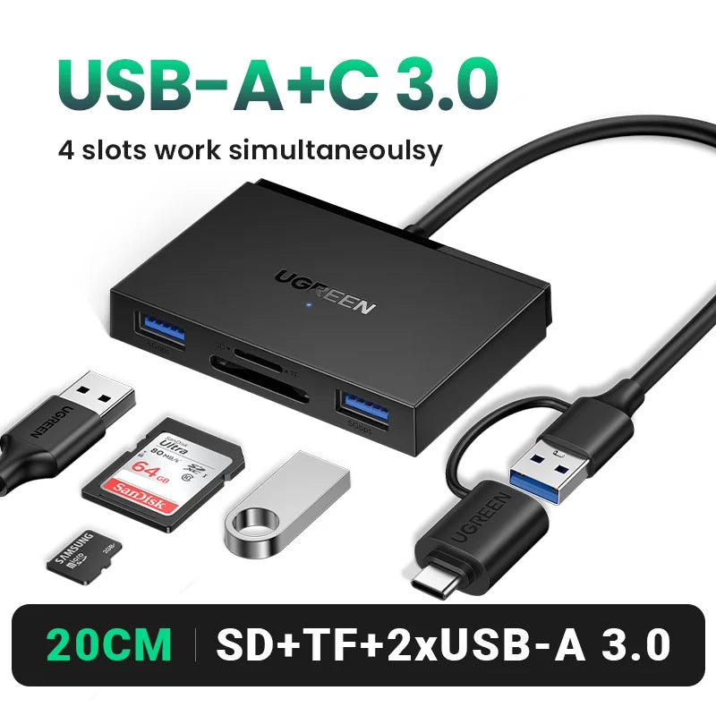 Adaptador USB-A a C negro con cuatro ranuras para uso simultáneo, con puertos SD, TF y dos USB-A 3.0.