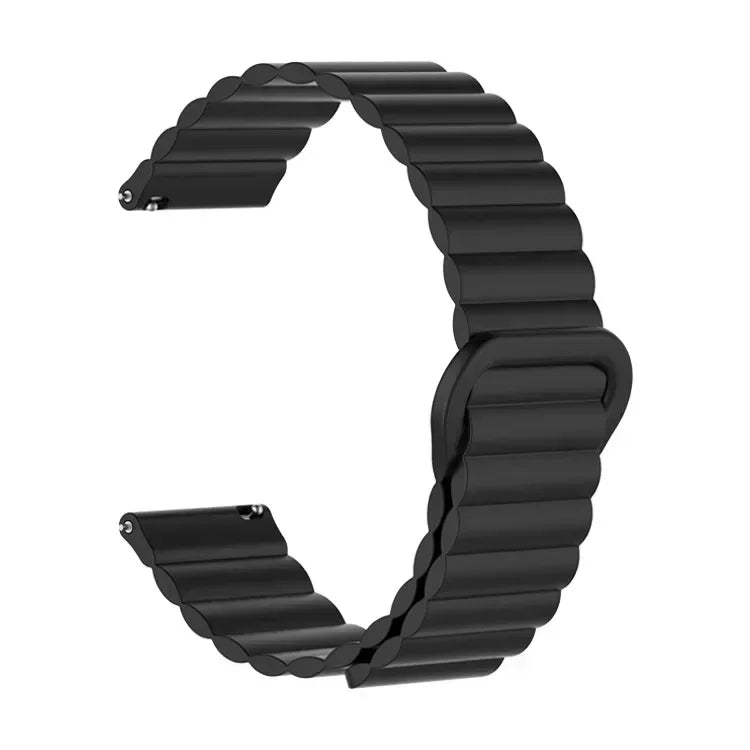 A close-up view of a black adjustable magnetic loop watch band.