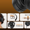 A set of black foldable Bluetooth headphones shown with features like lightweight design, built-in microphone, and USB-C char