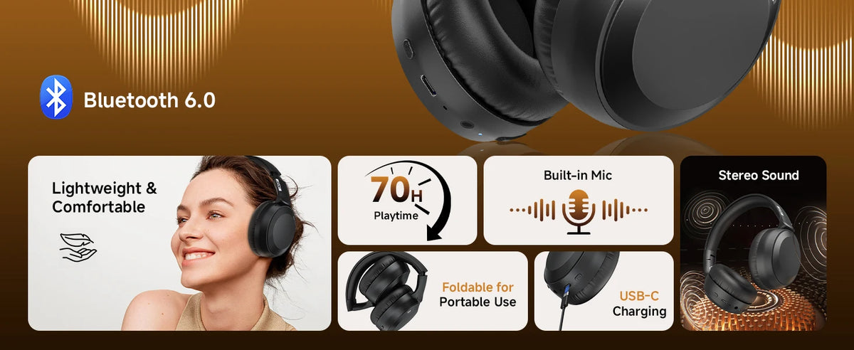 A set of black foldable Bluetooth headphones shown with features like lightweight design, built-in microphone, and USB-C char