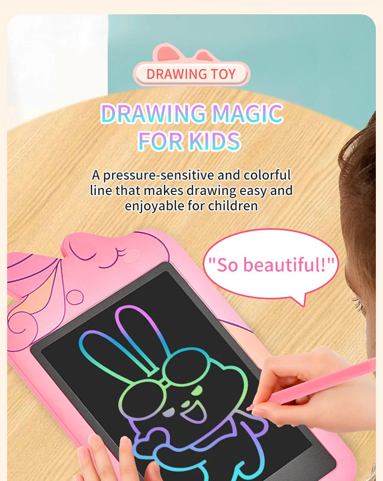 A child draws a colorful outline of a rabbit on a pink LCD drawing tablet for creative activity.