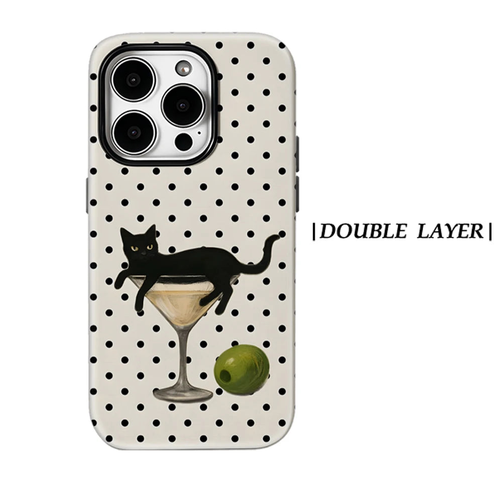 A hybrid phone case featuring a black cat martini pattern on a white background.