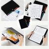A set of black document organizers and a colorful A4 7-story organizer bag with various papers and pens.