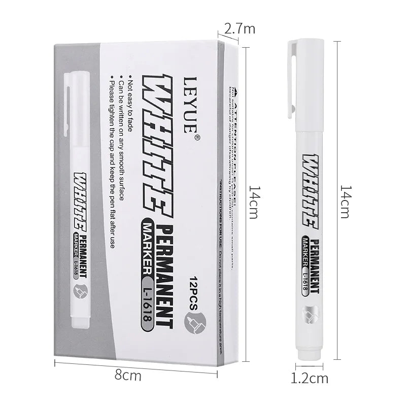 A set of three white permanent markers with black tips and white bodies shown next to their dimensions.