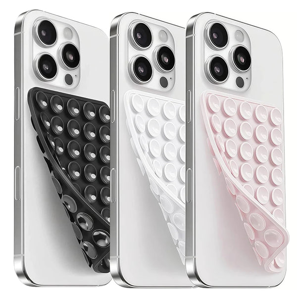 Three white silicone suction cup phone mounts showing different grip textures and colors