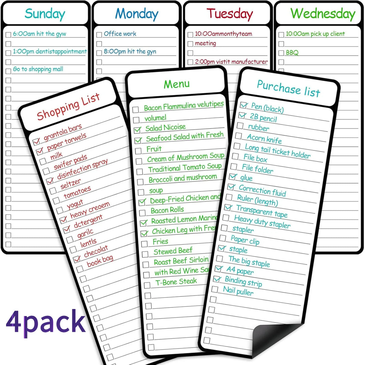 A set of four magnetic whiteboard pages labeled Sunday, Monday, Tuesday, and Wednesday for weekly planning.