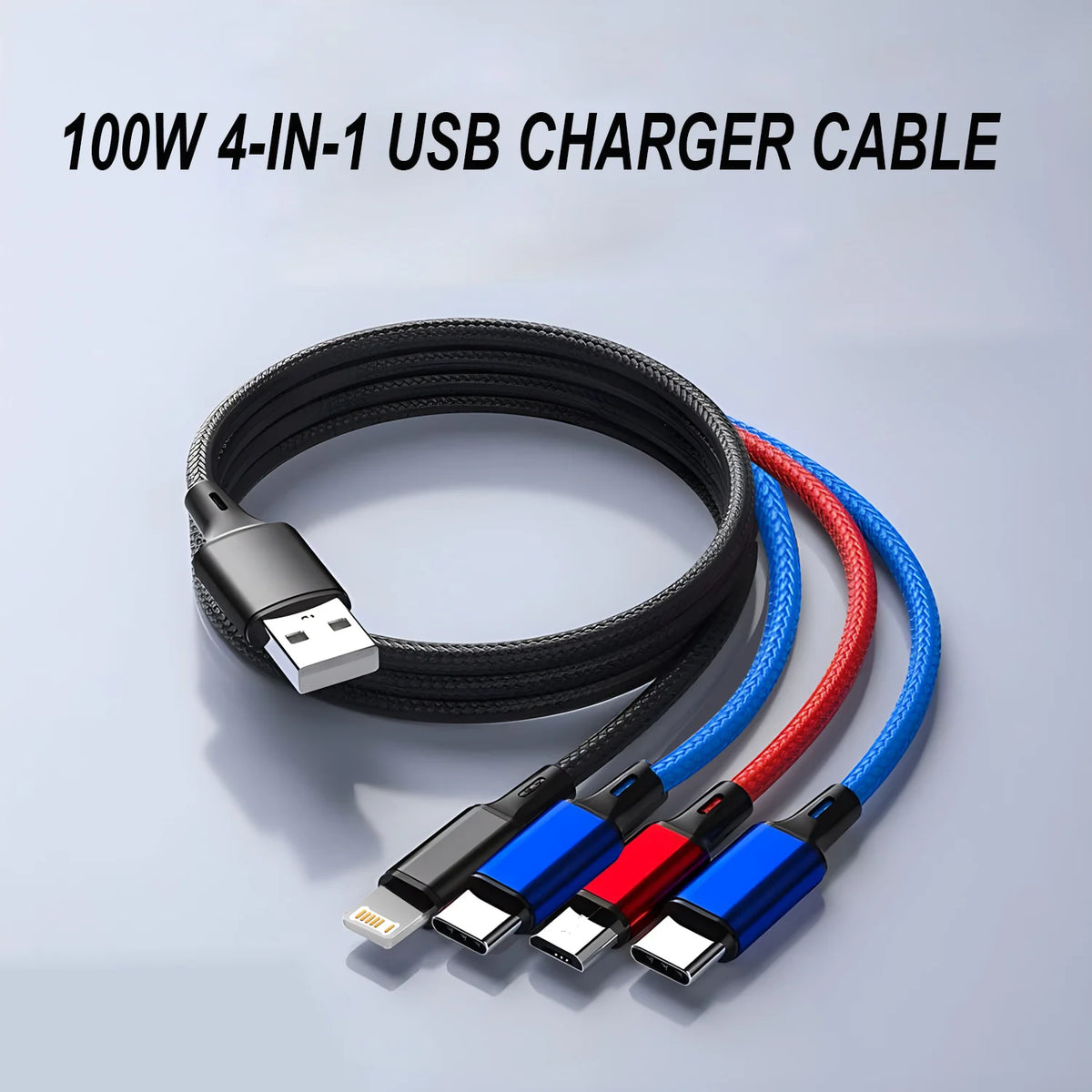 A black and blue 4-in-1 USB charger cable with multiple connectors shown on a gray background.