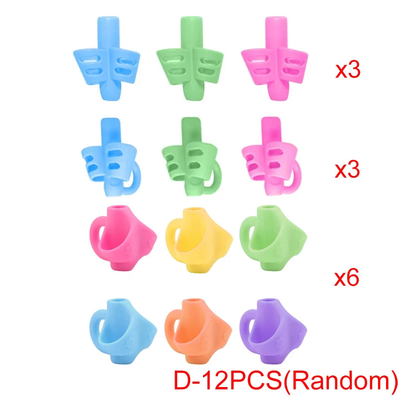 A collection of silicone pencil grips in various colors and shapes, including blue, green, pink, yellow, and purple.