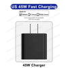 A black 45W fast charging adapter for mobile devices, suitable for Galaxy and Note series phones.