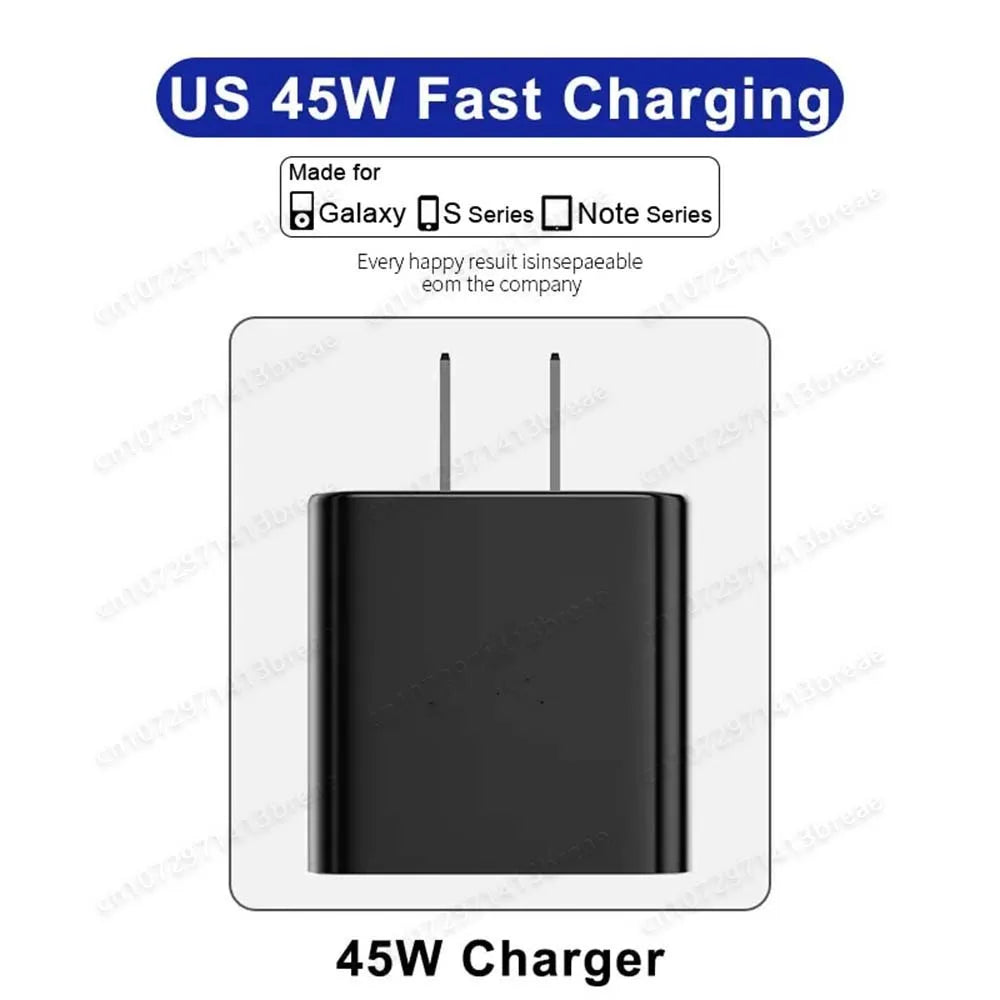 A black 45W fast charging adapter for mobile devices, suitable for Galaxy and Note series phones.