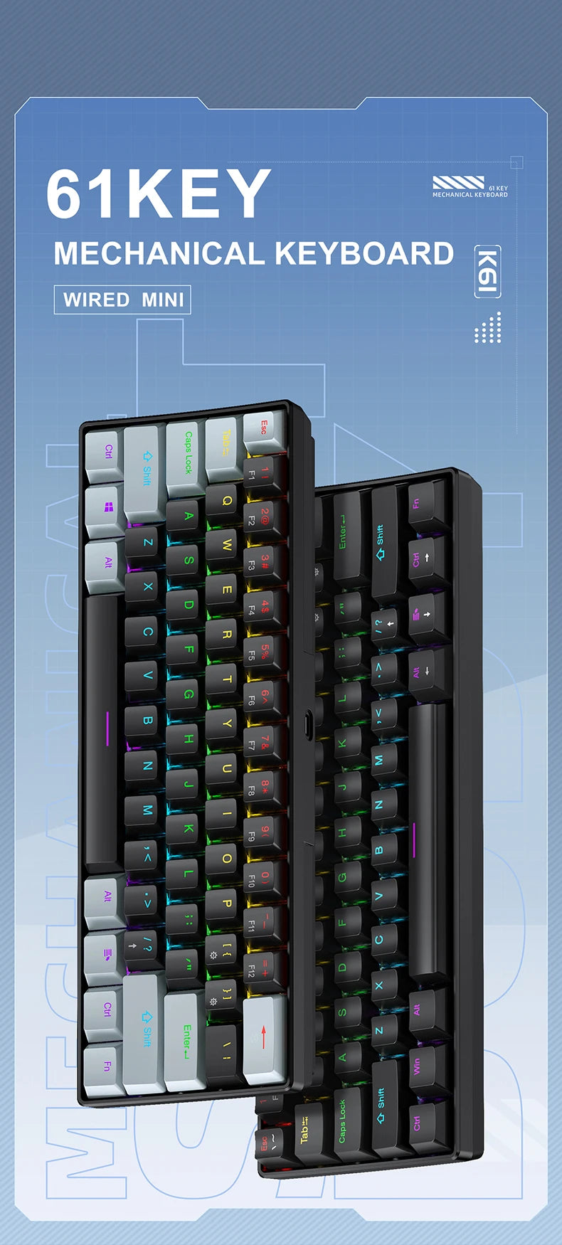 A black 61 key wired mini mechanical keyboard shown from the top, featuring a compact design and various function keys.