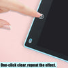 A hand is pressing a clear button on the side of a black portable LCD drawing tablet.