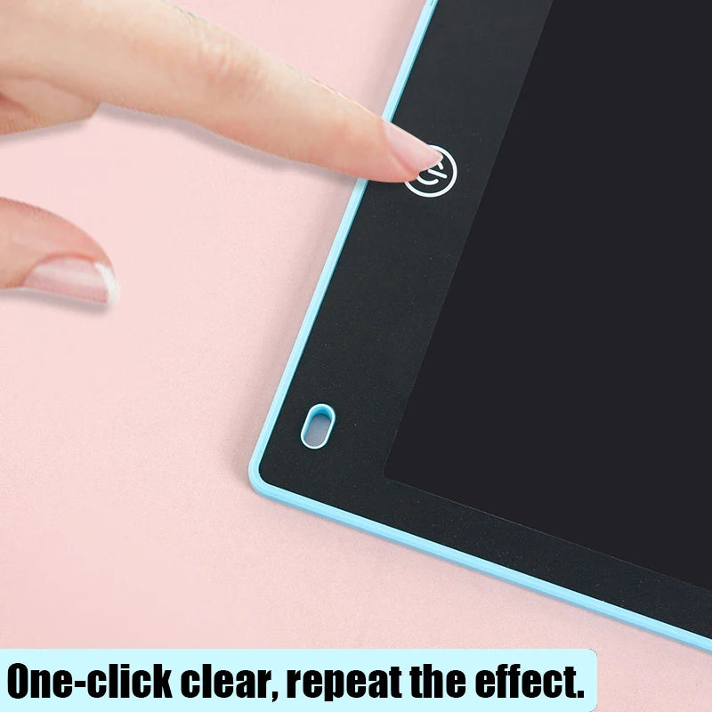 A hand is pressing a clear button on the side of a black portable LCD drawing tablet.