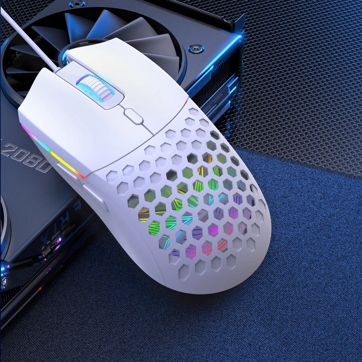 A white optical wired gaming mouse with a perforated shell and colorful RGB lighting is shown on a dark surface.
