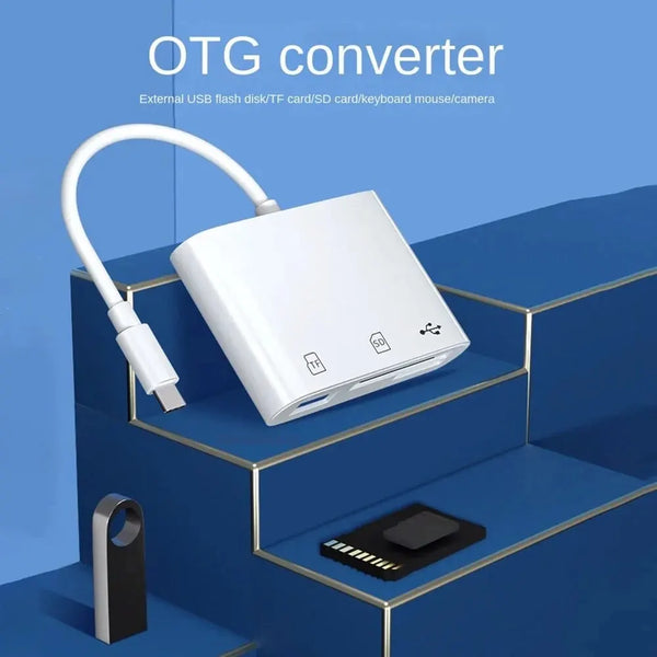 A white OTG converter device with a cable is displayed on a blue surface.